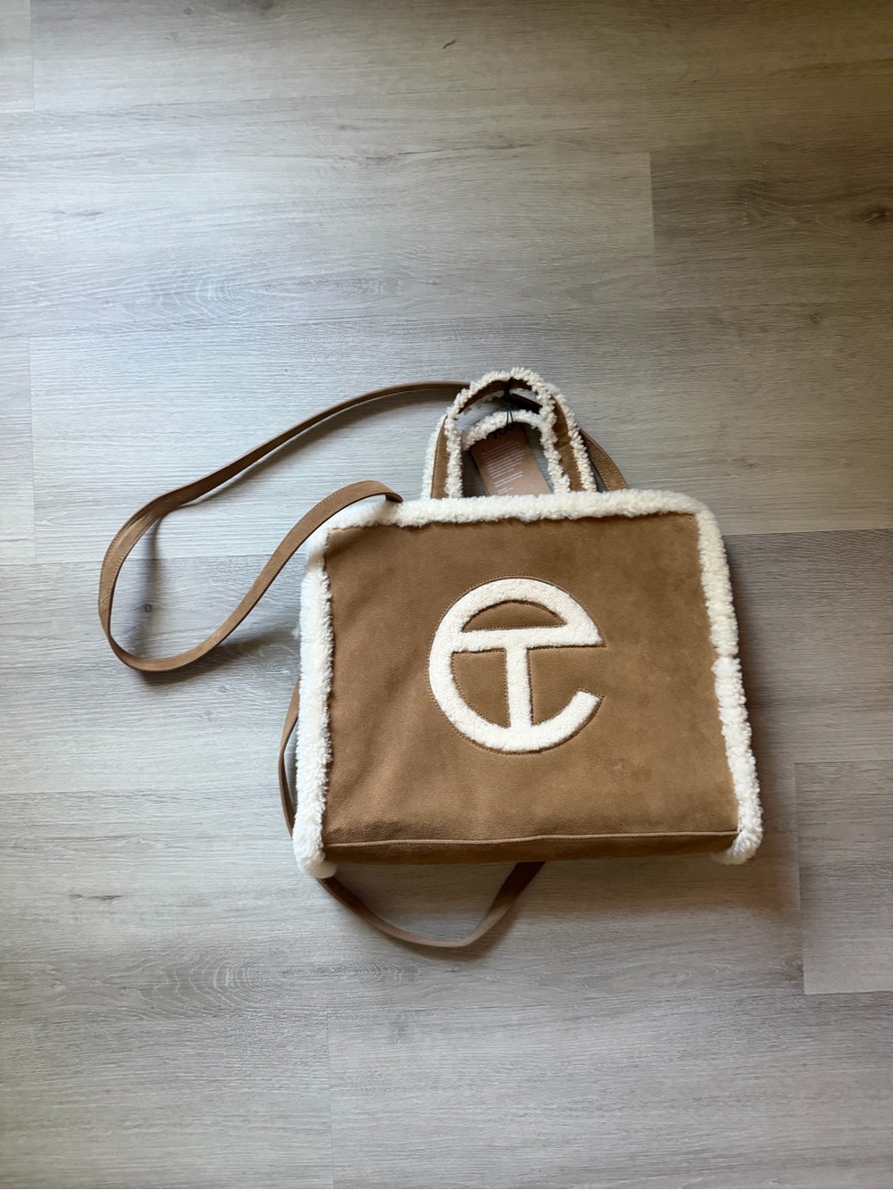 Telfar Camel Suede Tote with Cream Shearling Trim and Logo